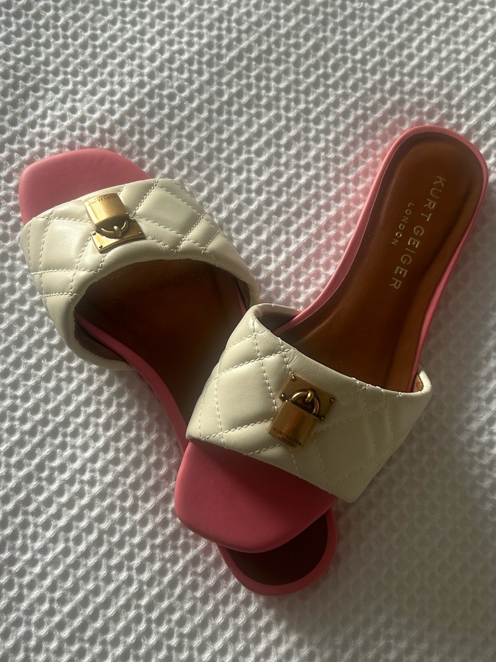 Kurt Geiger Cream Quilted Slide Sandals with Pink Sole and Gold Accent